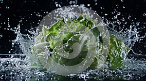 lettuce falls under water with a splash. isolated on black background