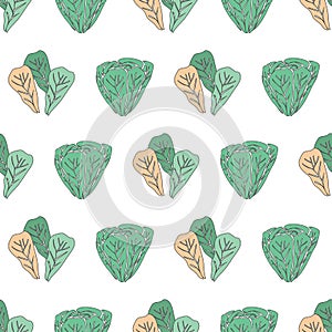 Lettuce Field-Vegi Delight seamless Repeat Pattern illustration.Background in green cream and white.