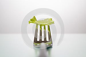 Lettuce leaf on a fork on a white table