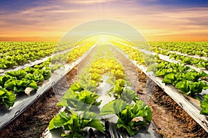 Lettuce plant on field vegetable and agriculture sunset