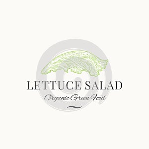 Lettuce Salad Abstract Vector Sign, Symbol or Logo Template. Premium Vegetable or Green Food Emblem. Hand Drawn Salad