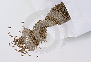 Lettuce seeds being poured from a packet