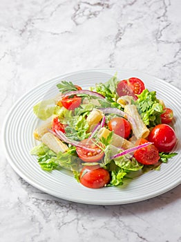 Lettuce tomato cherry salad with penne pasta