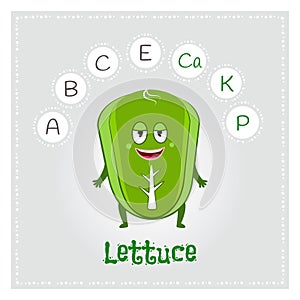 Lettuce vegetable vitamins and minerals. Funny vegetable character. Healthy food illustration