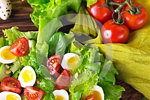 Letucce, cucumber, spinach, basil and quail eggs salad