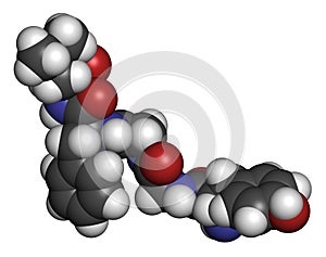 Leu-enkephalin endogenous opioid peptide molecule. 3D rendering. Atoms are represented as spheres with conventional color coding:.