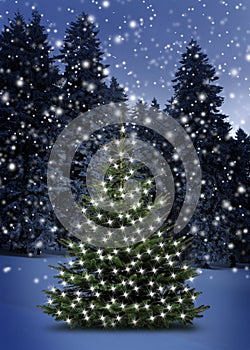Leuchtender Weihnachtsbaum im Schnee photo