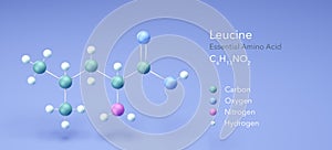 Leucine, essential amino acid, molecular structures, 3d rendering, Structural Chemical Formula and Atoms with Color Coding