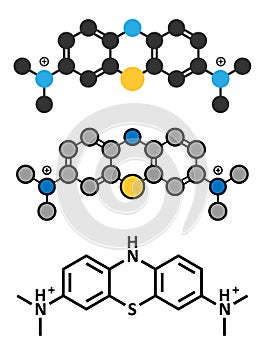 Leuco-methylthioninium (LMTX) Alzheimer\'s disease molecule (tau aggregation inhibitor). Stylized 2D renderings and conventional