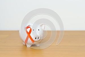 Leukemia, Kidney cancer day, world Multiple Sclerosis, CRPS, Self Injury Awareness month, Orange Ribbon with Piggy Bank for