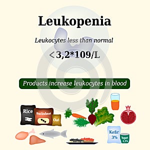 Leukopenia. Reduced number of leukocytes in the blood. Products increase white blood cells. Vector illustration