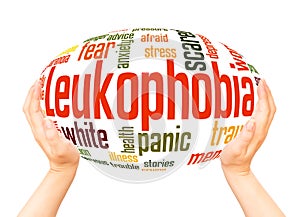 Leukophobia fear of the color white word hand sphere cloud concept