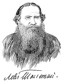 Lev Nikolayevich Tolstoy portrait in line art illustration.