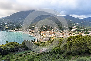 Levanto Town in Italian Liguria as seen as seen from the slope of Mesco Mounting