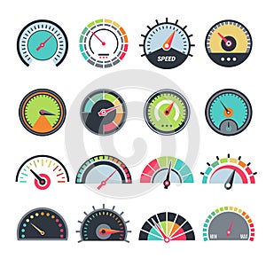 Level measure symbols. Speedometer guage indication fuel vector infographic symbols collection