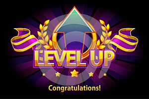 Level UP icon, game screen. Vector illustration with arrow and puple award ribbon. Graphical user interface GUI to build