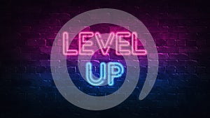 Level Up neon sign. purple and blue glow. neon text. Brick wall lit by neon lamps. Night lighting on the wall. 3d render