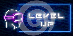 Level Up Neon Text Vector With Brick Wall Background. design template modern trend design night neon signboard night bright