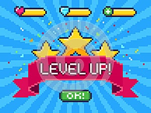 Level Up screen. Pixel video game achievement, pixels 8 bit games ui and gaming level progress vector illustration