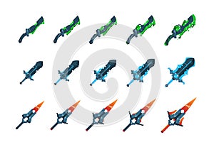 Level up sword. Cartoon poison magic and fire blades with various developed degrees for action game experience. Isolated