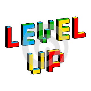 Level Up text in style of old 8-bit video games. Vibrant colorful 3D Pixel Letters. Creative digital vector poster photo