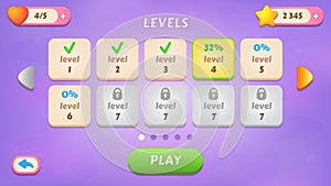 Levels. GUI Kit casual assets for a game mobile, a set of user interface elements for the game interface