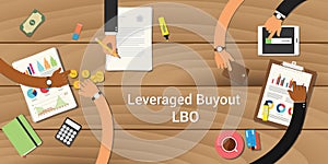 Leveraged buyout illustration team work together with a hand working together on top of wooden table work on paperwork