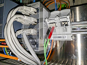 Leverkusen , Germany - September 06 2018 : Industrial ethernet network switch is working while green light are flashing