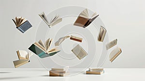 Levitating Books on White Background.AI generated image