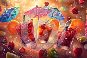 Levitating Cocktails Garnished with Fruits and Umbrellas Against Warm Cherry Wood Backdrop with Sunlight and Backlight