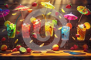 Levitating Cocktails Garnished with Fruits and Umbrellas Against Warm Cherry Wood Backdrop with Sunlight and Backlight