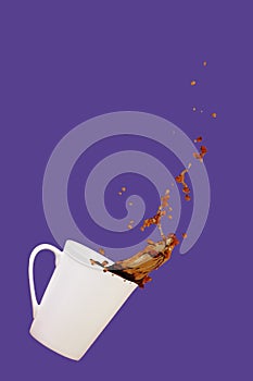 Levitating coffee mug with splashes. Coffee concept. Minimal art