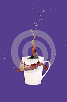 Levitating coffee mug with splashes. Coffee concept. Minimal art