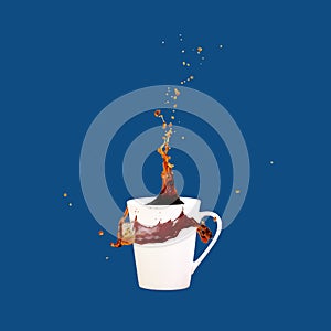 Levitating coffee mug with splashes on solid classic blue background. Coffee concept. Minimal art trend.