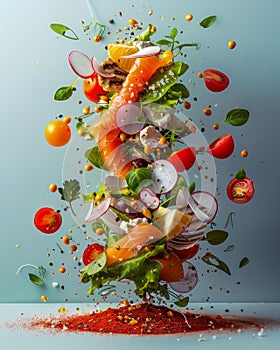 Levitating Fresh Salad Ingredients with Sliced Vegetables and Smoked Salmon in Dynamic Motion on Cool Blue Background