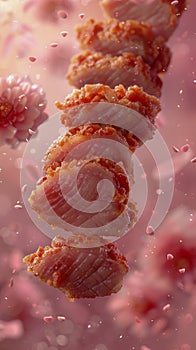 Levitating Fried Chicken Pieces with Crispy Breading and Flying Oil Droplets against a Pink Background photo