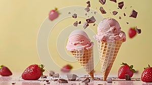 Levitating ice-cream and strawberries on a yellow background.