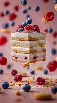 Levitating Layered Cake with Fresh Blueberries, Raspberries on Pink Background Modern Delicacy Concept