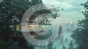 Levitating library floats above a lush forest. Futuristic architecture scene. By generative Ai