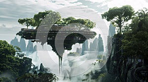 Levitating library floats above a lush forest. Futuristic architecture scene. By generative Ai