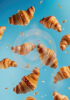 Levitating lush fresh croissants fly in the air on a blue background