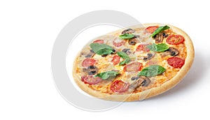 Levitating margherita pizza with mushrooms and basil on a white isolated background