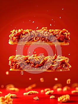 Levitating Meat Pie Split in Half with Filling Showing and Crumbs on Red Background Surreal Food Concept