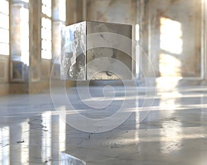 Levitating Mirrored Cube Suspended in Minimalist Digital Composition