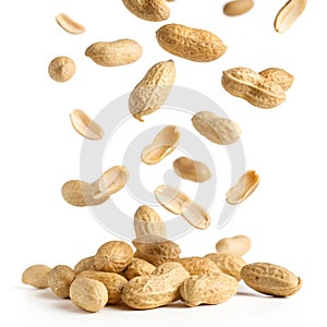 Levitating Peeled Peanuts Isolated on White Background