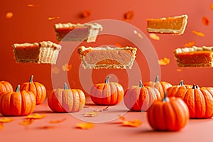 Levitating Pumpkin Pie Slices Over Miniature Pumpkins on Warm Autumn Colored Background for Fall Celebrations