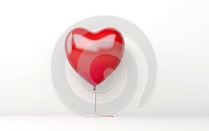 Levitating red heart shaped latex balloon isolated on white background.