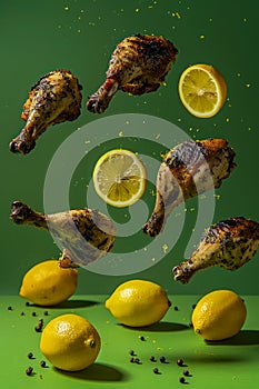 Levitating Roast Chicken Drumsticks with Lemon Slices and Herbs on a Vibrant Green Background