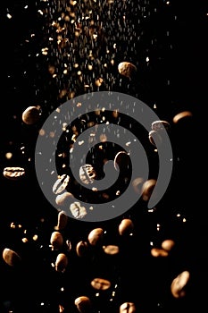 Levitating roasted coffee beans on black background dynamic movement of flying coffee beans