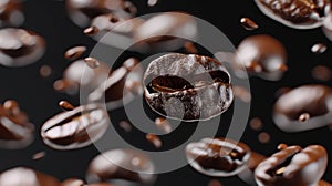 Levitating roasted coffee beans with falling motion on dark background in stunning display